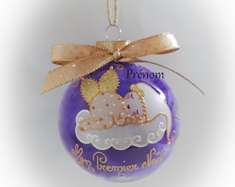 Boule de noël premier noël bébé fille naissance personnalisé mon premier noël fée ange lutine verre illustration peinte main artisanale