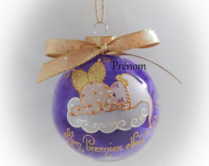 Boule de noël premier noël bébé fille naissance personnalisé mon premier noël fée ange lutine verre illustration peinte main artisanale