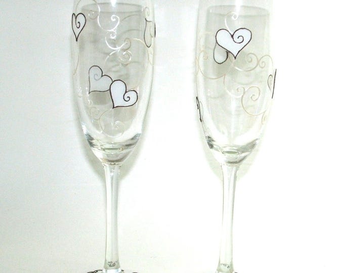 Duo verres flûtes à champagne,fait main,verre peint motif coeur,cadeau coupe à champagne,artisanales