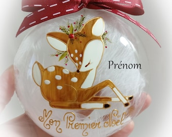 Boule de noël naissance mon premier noël personnalisée illustration faon fait main artisanale