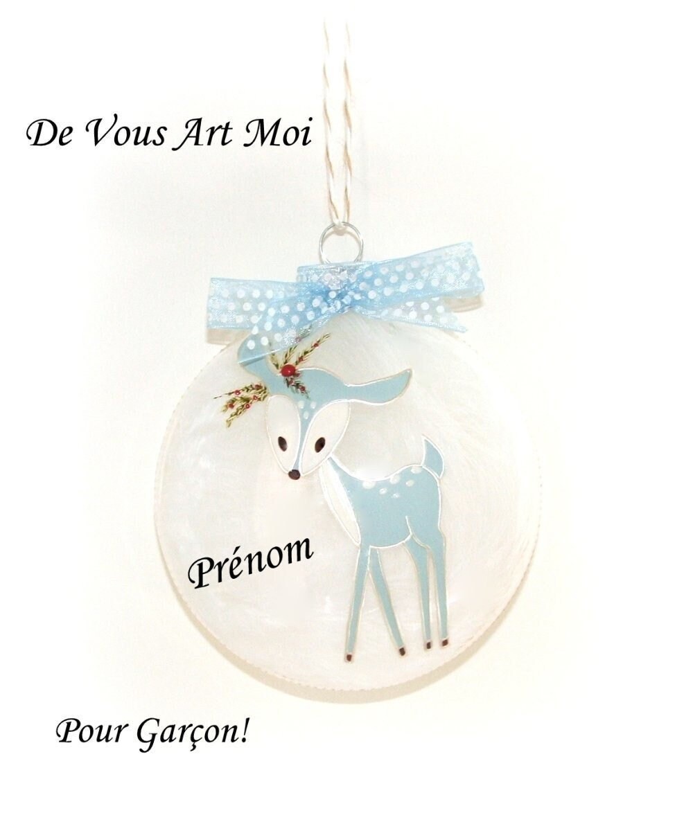 Boule Noël Personnalisée Prénom Garçon, Noël Boule Faon Illustrée Personnalisable, Peinte Main
