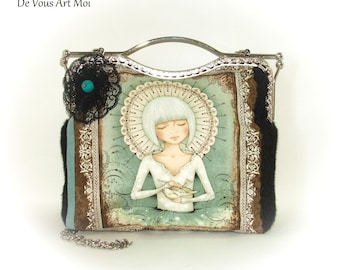 Sac tissus illustré original grande minaudière fermoir cadre métal fait main artisanal