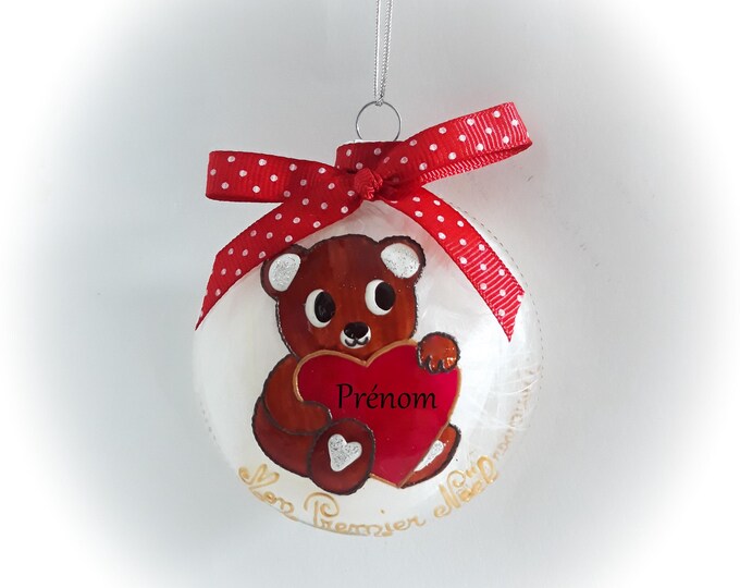 Boule mon Premier Noël personnalisé verre illustrée ourson nounours de Noël peinte main artisanal