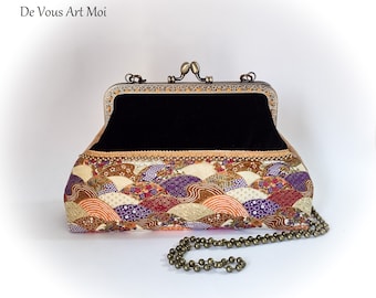 Minaudière clutch bag with original metal clasp, Japanese velvet fabric, chain shoulder strap, handmade