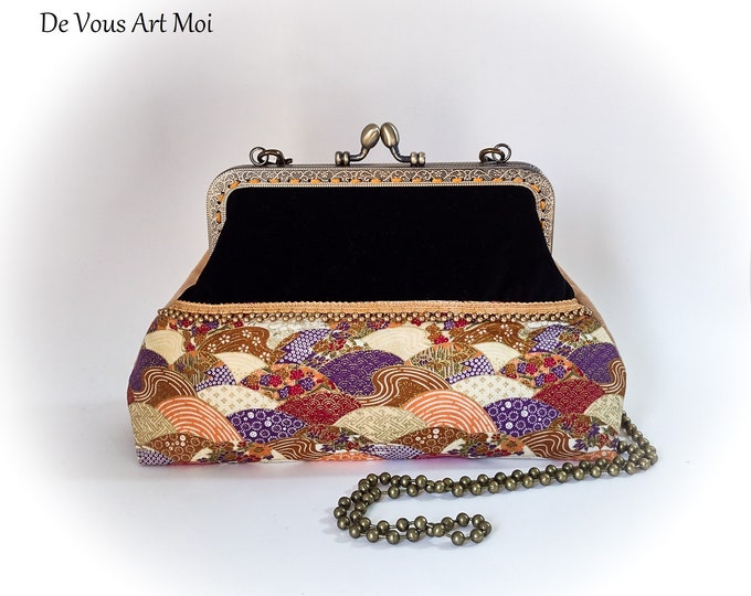 Sac pochette Minaudière fermoir métallique original tissus japonais velours bandoulière chaine fait main artisanal