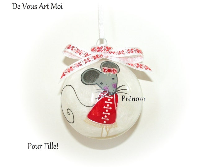Boule de noël personnalisée fille cadeau Noël personnalisé prénom enfant illustration souris peinte main artisanale