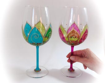 Original colorful wine glass duo, large hand-painted multicolored glass