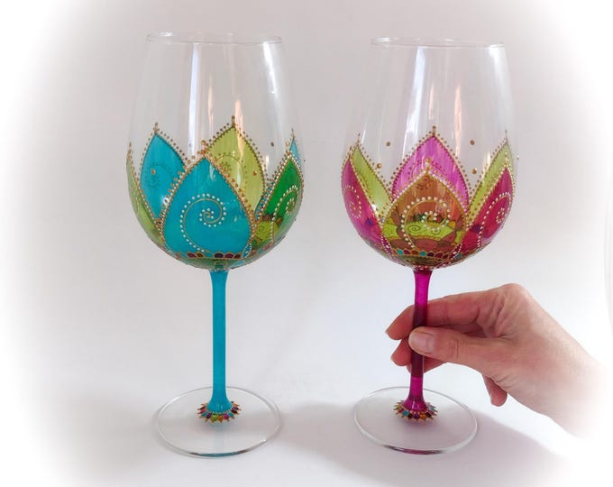 Verre à vin coloré original duo grand verre multicolore peint main artisanal