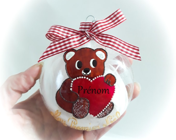 Boule Noël naissance premier noël personnalisé ourson noël verre peint main artisanal