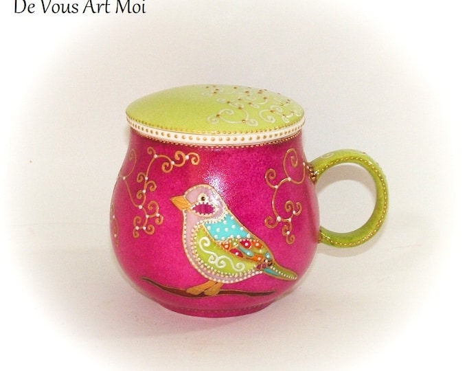 Mug tasse théière tisanière porcelaine filtre couvercle peint main artisanal