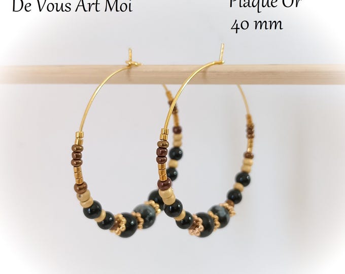 Gold-plated hoop earrings with natural black onyx stones, 40mm, handmade
