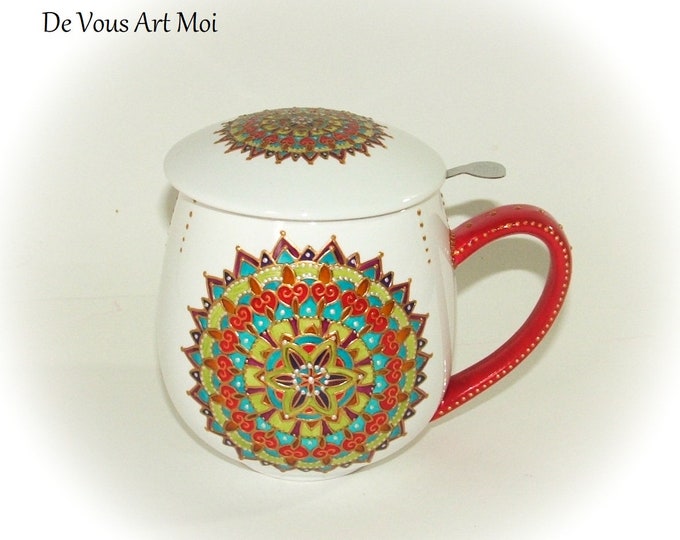 Tisanière originale céramique porcelaine mandala mug théière tisanière filtre coloré peint main artisanal