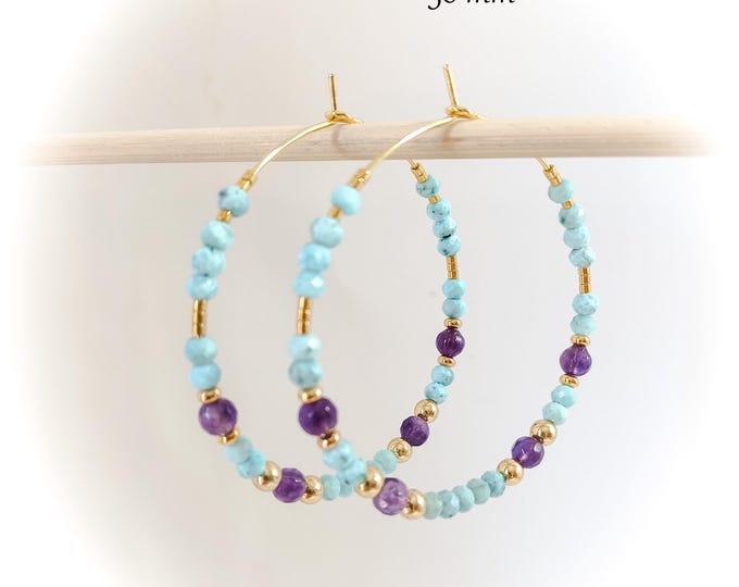 Créoles Larimar et Améthyste naturelle 50mm plaqué or artisanales fait main