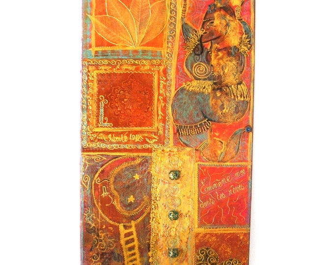 Peinture sur toile inde,tableau châssis entoilé,peint main,thème décoration indienne,toile rectangle peinte main