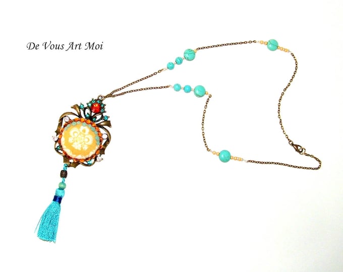 Collier sautoir femme bohème,collier boho bohème chic,fait main,collier pierre turquoise pendentif,médaillon bronze