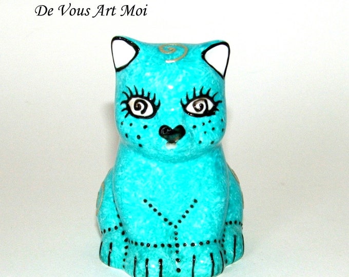 Chat fait main,support pic apéro,turquoise, verseuse,en porcelaine,peinte à la main,accessoire apéritif table