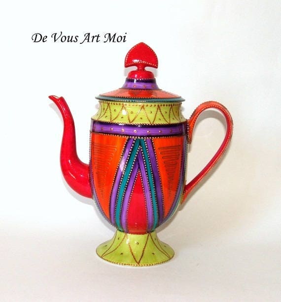 Théière Céramique Colorée Porcelaine, Théière Peinte Main, Théière Artisanale Originale
