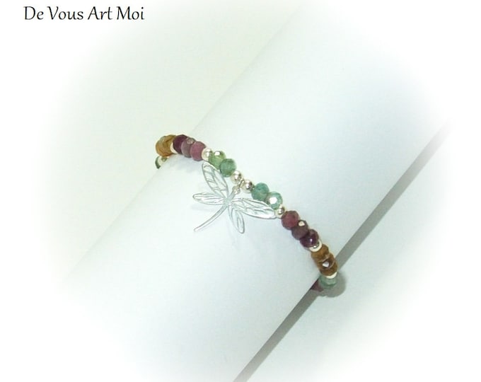 Bracelet Libéllule argent tourmaline pierre semi précieuse mullicolore fait main artisanal