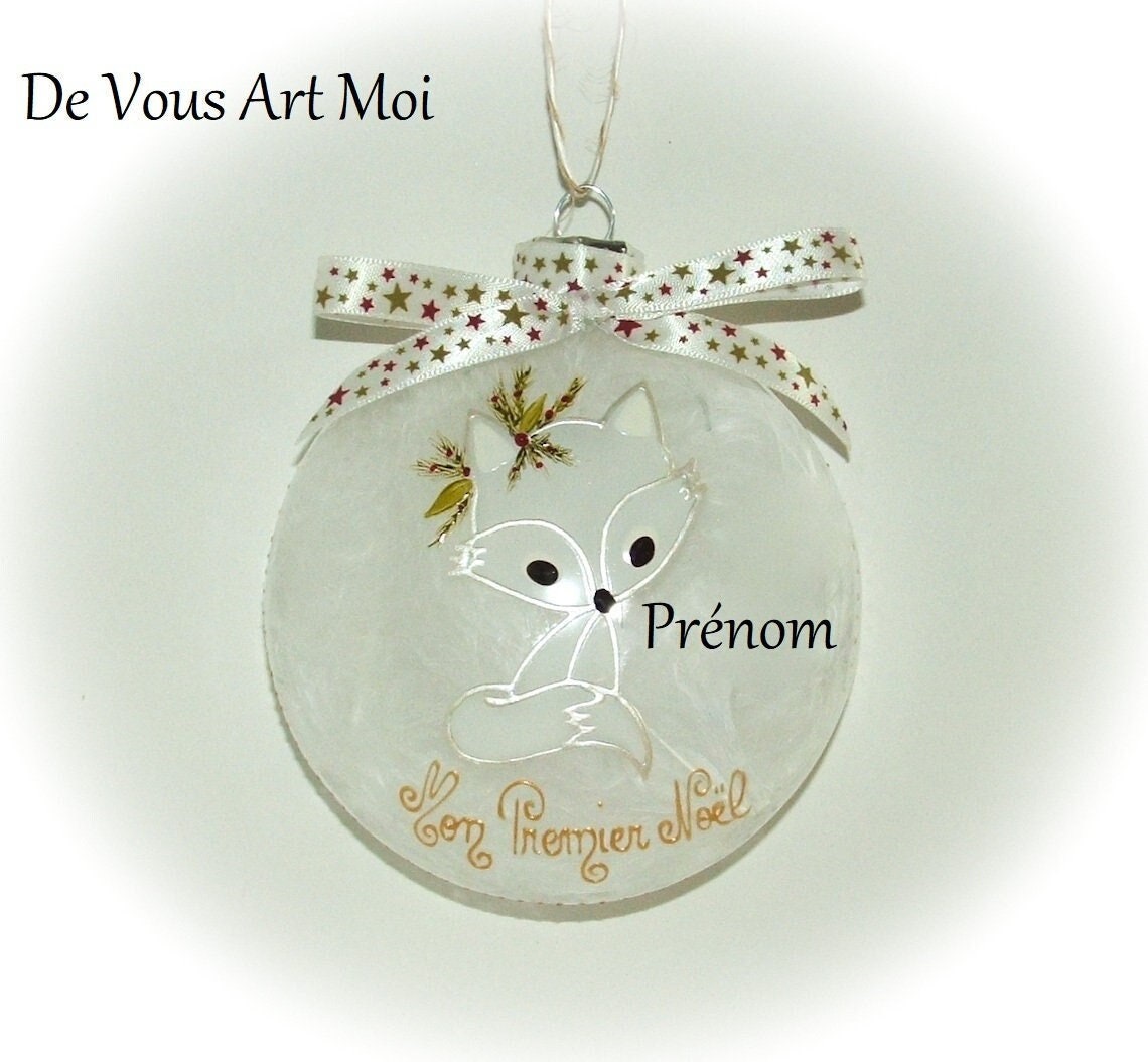 Boule Mon Premier Noël Personnalisée, Fait Main, Boule Noël Verre Renard Blanc, Artisanale