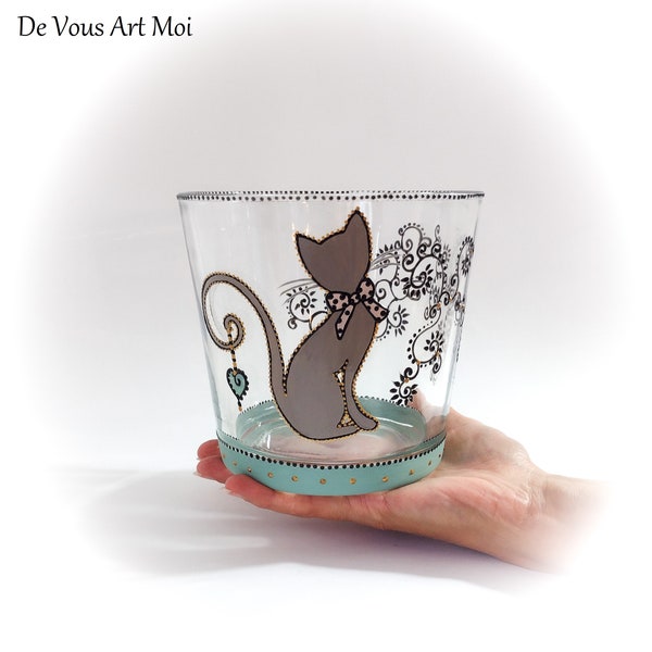 photophore cache pot bougeoir verre récipient original coloré cadeau thème chat fait main artisanal