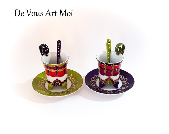 Original colorful hand-painted porcelain ceramic mugs, a unique and handcrafted gift for couples.