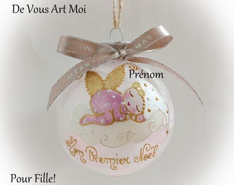 Boule de noël premier noël bébé fille naissance personnalisé mon premier noël fée ange lutine verre illustration peinte main artisanale