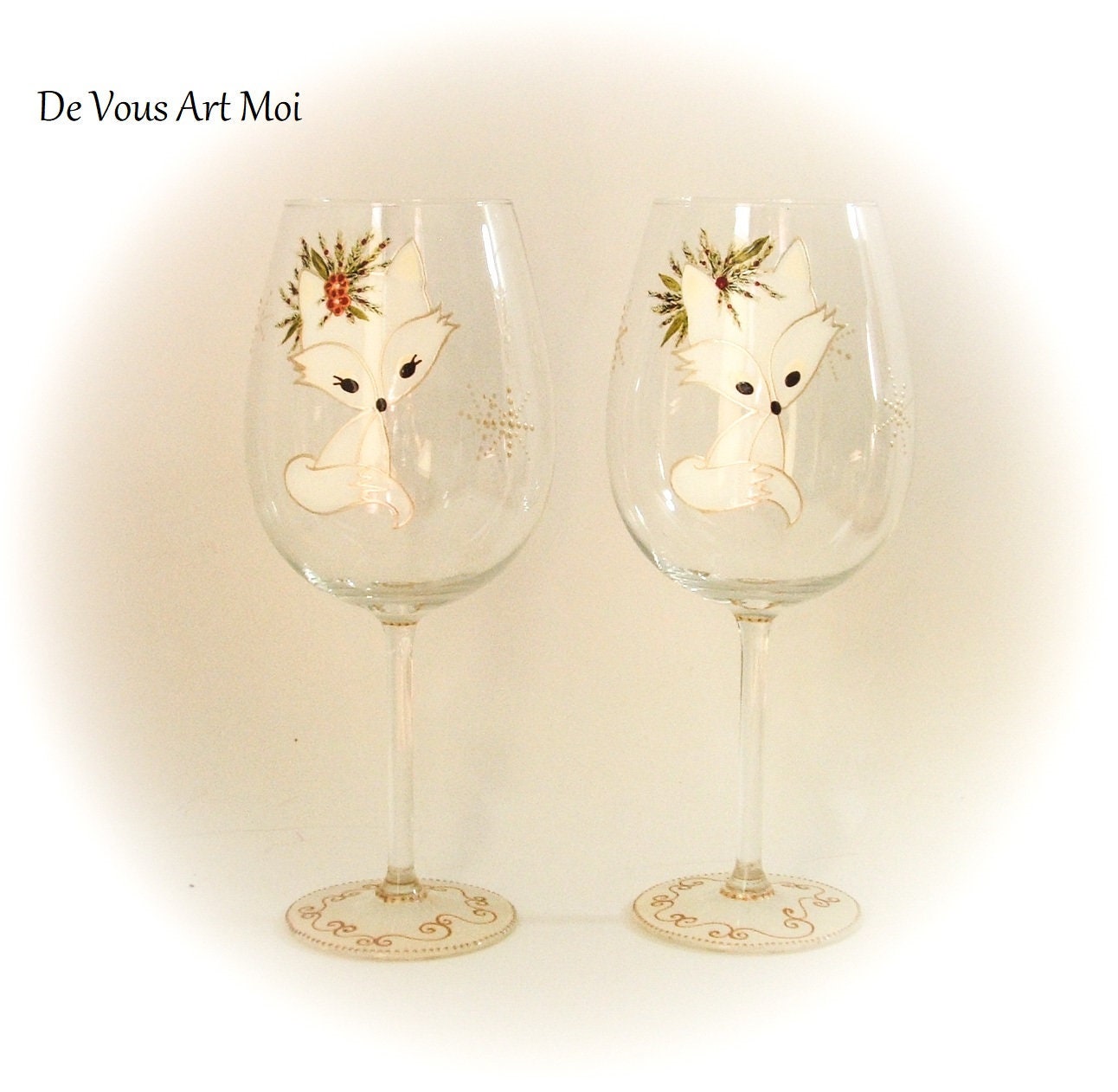 Verre à Vin Duo Renard, Grand Verre Illustré, Cadeau Couple Mariage, Artisanal Peint Main