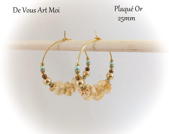 Créoles boucles d'oreille citrine 25mm plaqué or artisanale fait main