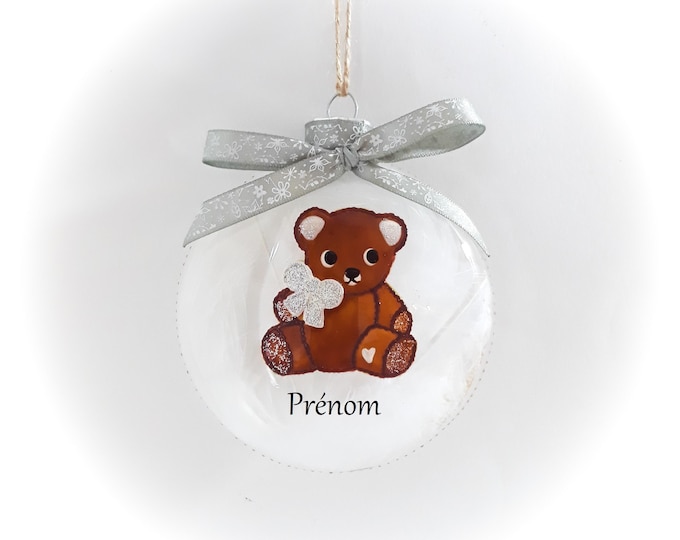 Boule de noël Mon Premier Noël prénom personnalisé nounours ourson enfant verre fait main artisanale