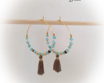 Boucle d'oreille créoles Larimar pierre naturelle 35mm plaqué or artisanal