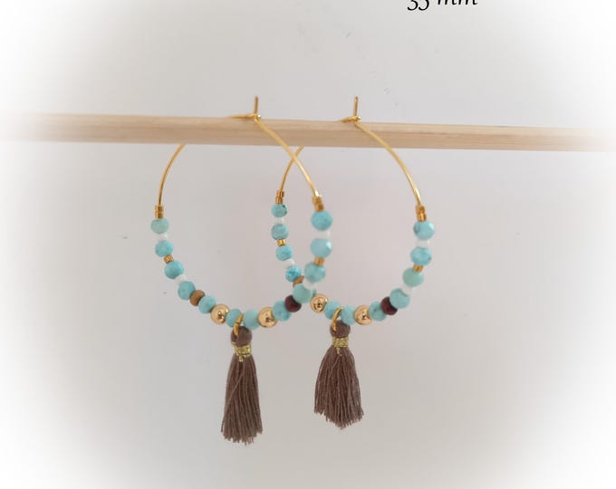 Boucle d'oreille créoles Larimar pierre naturelle 35mm plaqué or artisanal