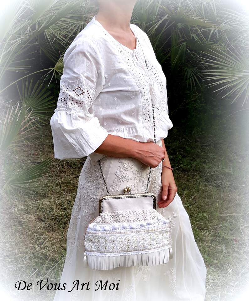 handmade Embroidery bag fringe pompoms chain bag metal clasp bag boho crochet macram\u00e9