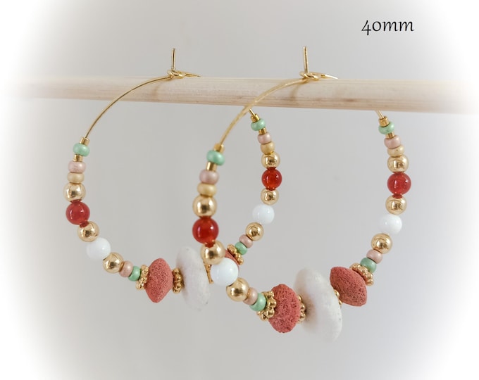 Créoles boucle d'oreille végétal agate jade pierre naturelle 40 mm plaqué or artisanal