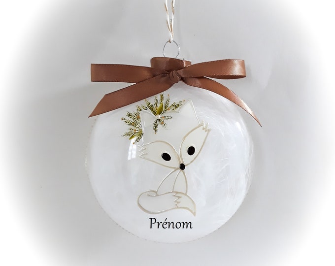 Boule de noël personnalisée illustration renard blanc Noël verre fait main artisanale