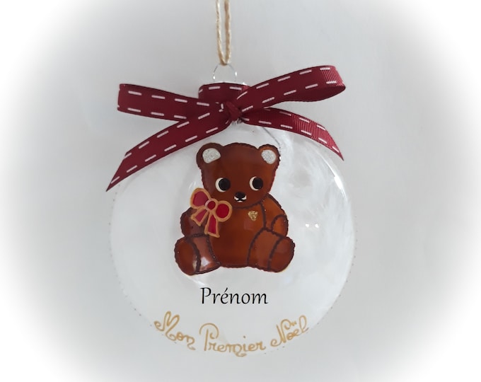 Boule de noël Mon Premier Noël prénom personnalisé nounours ourson enfant verre fait main artisanale