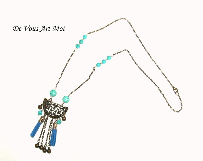 Collier sautoir Turquoise bohème,collier pompons original,fait main artisanal