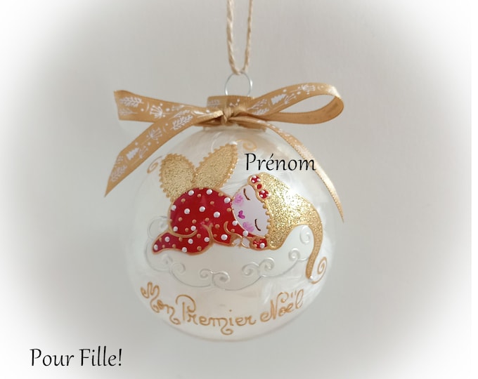 Boule de noël premier noël bébé fille naissance personnalisé mon premier noël fée ange lutine verre illustration peinte main artisanale