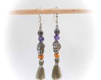 Celestial Buddha Amethyst Dangle Earrings, Handmade Sterling Silver Hooks