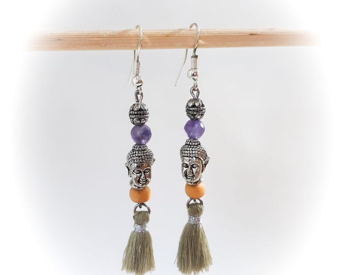 Amethyst earrings with solid silver hooks and a handmade Buddha design.