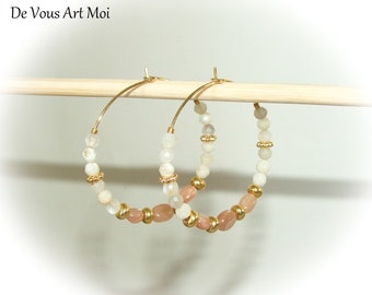 Natural moonstone hoops 40mm handcrafted gold plated