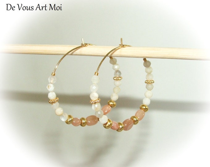 Boucle d'oreille créoles pierre de lune naturelle 40mm plaqué or artisanal