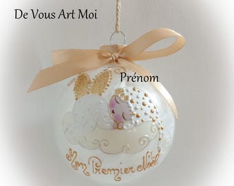 Boule de noël premier noël naissance fille personnalisé fée ange lutine verre illustration peinte main artisanale