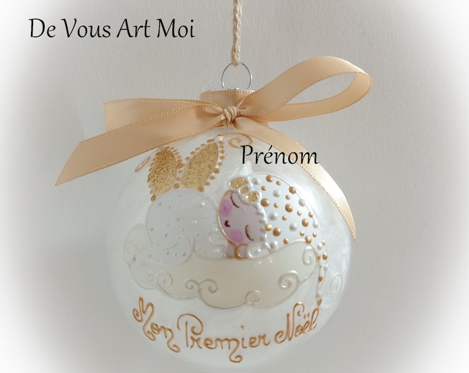 Boule de noël premier noël naissance fille personnalisé fée ange lutine verre illustration peinte main artisanale