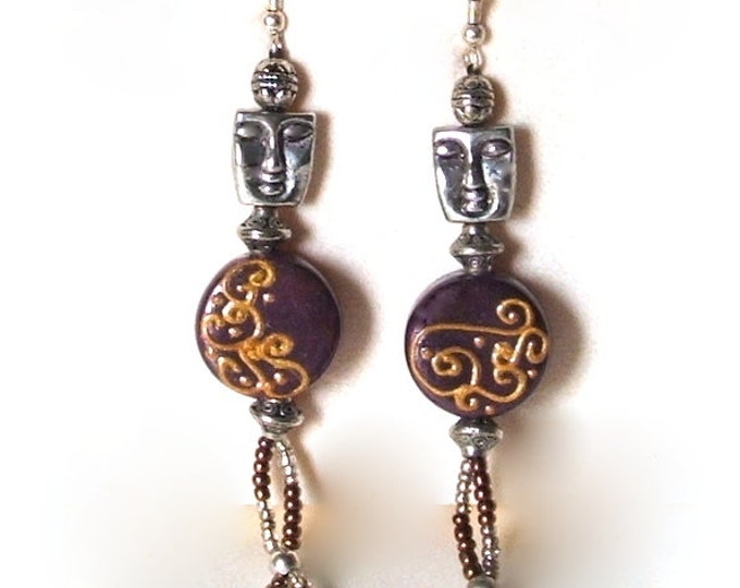 Boucles d'oreille pendante bouddha,femme bohème,argent 925,perle en porcelaine peinte main,artisanale fait main