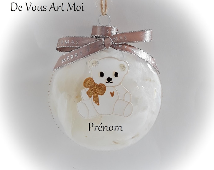Boule de noël personnalisée ourson blanc prénom enfant fait main artisanale