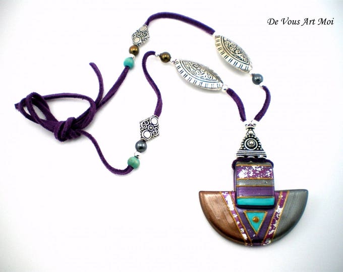 Collier femme bohème,bijou femme,collier femme pendentif,en porcelaine peinte,bijou amérindien,pendentif fait main,bijou turquoise violet