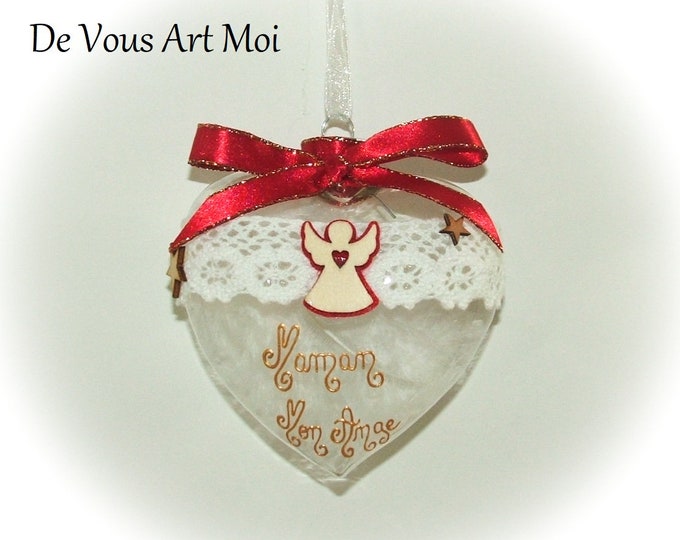 Boule Noël personnalisée Maman,boule noël coeur maman,fait main artisanale verre