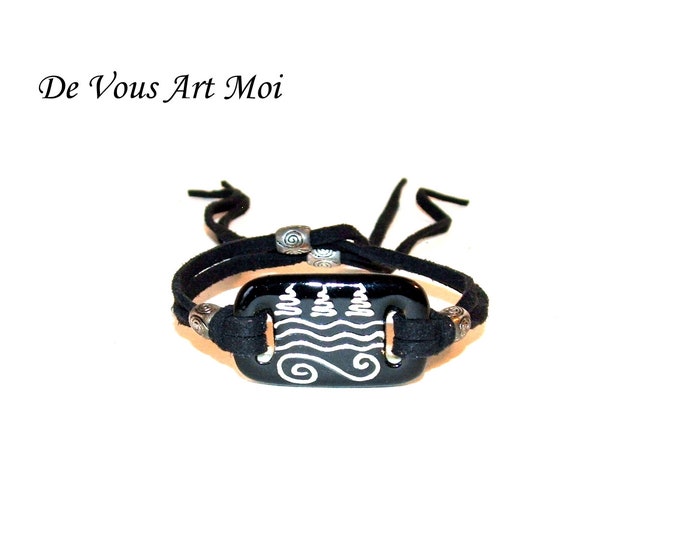 Bracelet Homme noir et blanc,bijou homme,plaque en porcelaine peinte à la main,daim ajustable