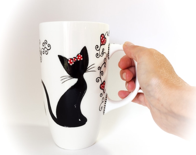 Mug tasse porcelaine original grande contenance illustration dessin peinture chat artisanal