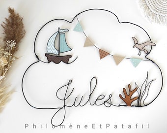 Prénom fil de fer personnalisable, décoration murale pour chambre d'enfant, "voilier en mer "